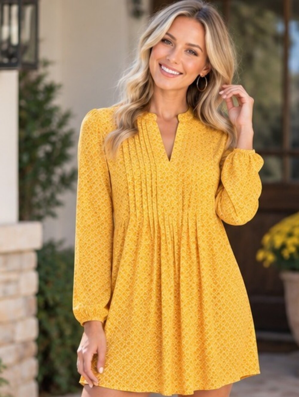 OLD NAVY | Yellow Print Pintuck Tunic Mini Dress Long Sleeve XS